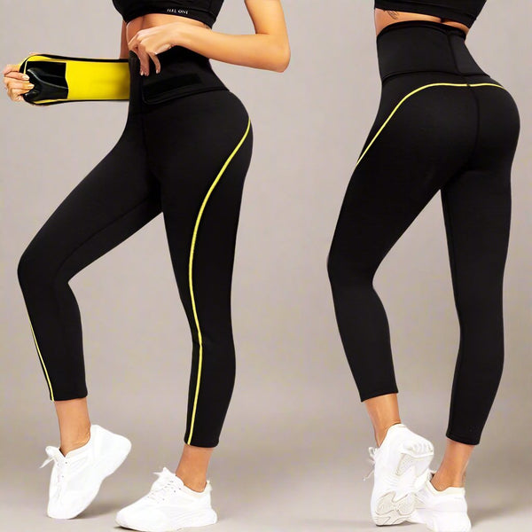 Thermo leggings - hochgeschnittene schwarze damen-fitnesshosen mit gelber akzentlinie