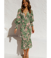 Olivgrünes midi-kleid mit blumenmuster – elegante v-ausschnitt kleid für damen