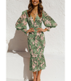Olivgrünes midi-kleid mit blumenmuster – elegante v-ausschnitt kleid für damen