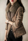 Wildleder Damen-Bikerjacke – Eleganti brauni Jacke mit Kunstfellkrage
