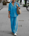 Linen hemd und hose – elegante freizeitmode für frauen