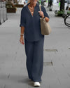 Linen hemd und hose – elegante freizeitmode für frauen