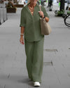 Linen hemd und hose – elegante freizeitmode für frauen
