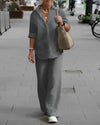 Linen hemd und hose – elegante freizeitmode für frauen