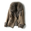 Wildleder Damen-Bikerjacke – Eleganti brauni Jacke mit Kunstfellkrage