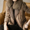 Wildleder Damen-Bikerjacke – Eleganti brauni Jacke mit Kunstfellkrage