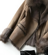 Wildleder Damen-Bikerjacke – Eleganti brauni Jacke mit Kunstfellkrage