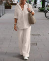 Linen hemd und hose – elegante freizeitmode für frauen