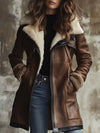 Braune Leder Aviator Damenjacke – Lederjacke mit Fleece-Futter und Kragen