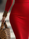 Rote strickkleid - trendiges damen v-ausschnitt bodycon kleid mit leopardenmuster