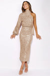 Midi-kleid mit einem ärmel und pailletten - elegante damen abendmode