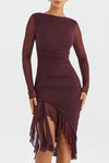 Pflaume langarm rüschen midi-kleid - elegant und stilvoll