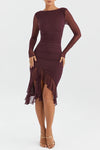 Pflaume langarm rüschen midi-kleid - elegant und stilvoll