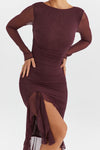 Pflaume langarm rüschen midi-kleid - elegant und stilvoll