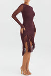 Pflaume langarm rüschen midi-kleid - elegant und stilvoll